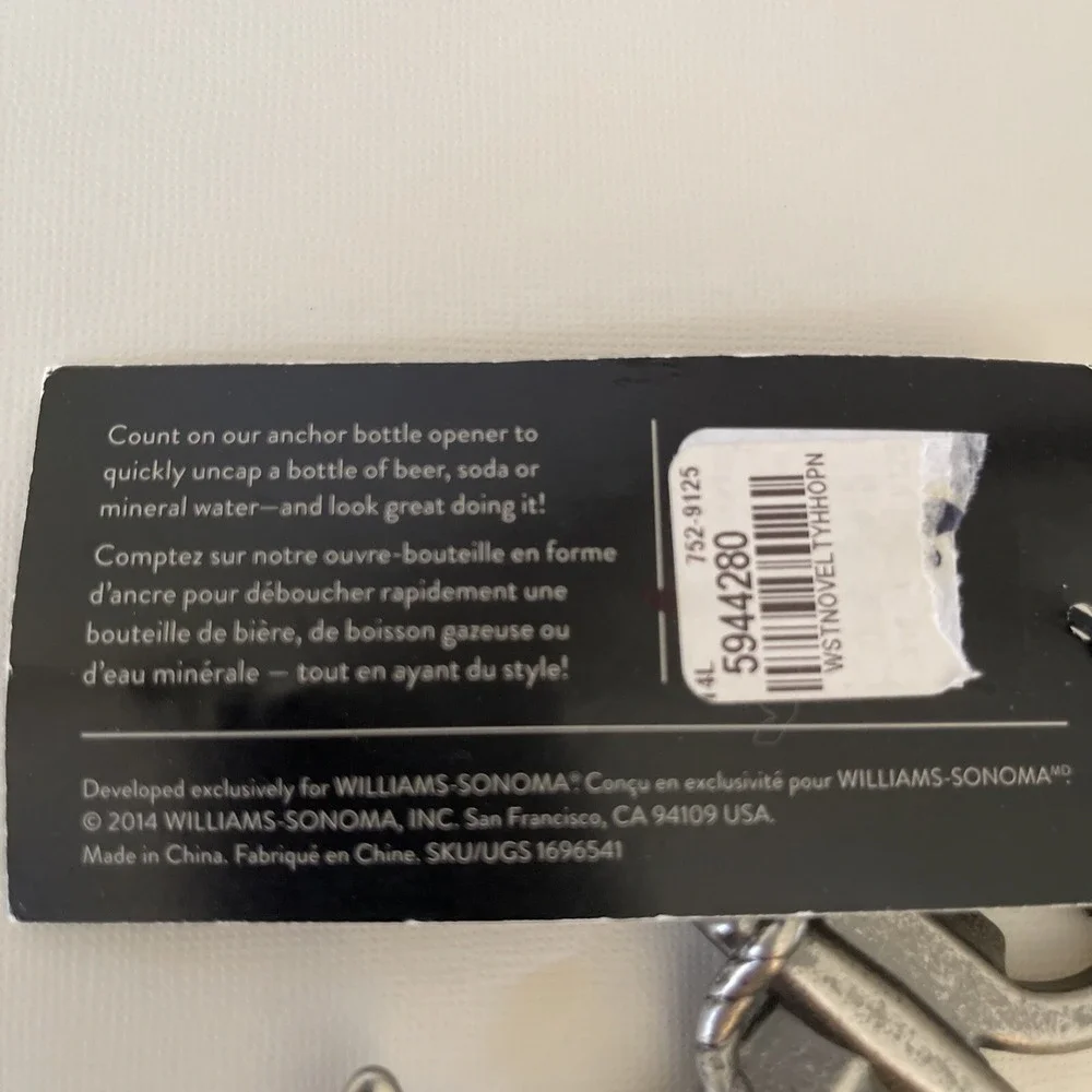 Williams Sonoma Anchor Bottle Opener Nautical Coastal Handheld Beer Barware‎ New